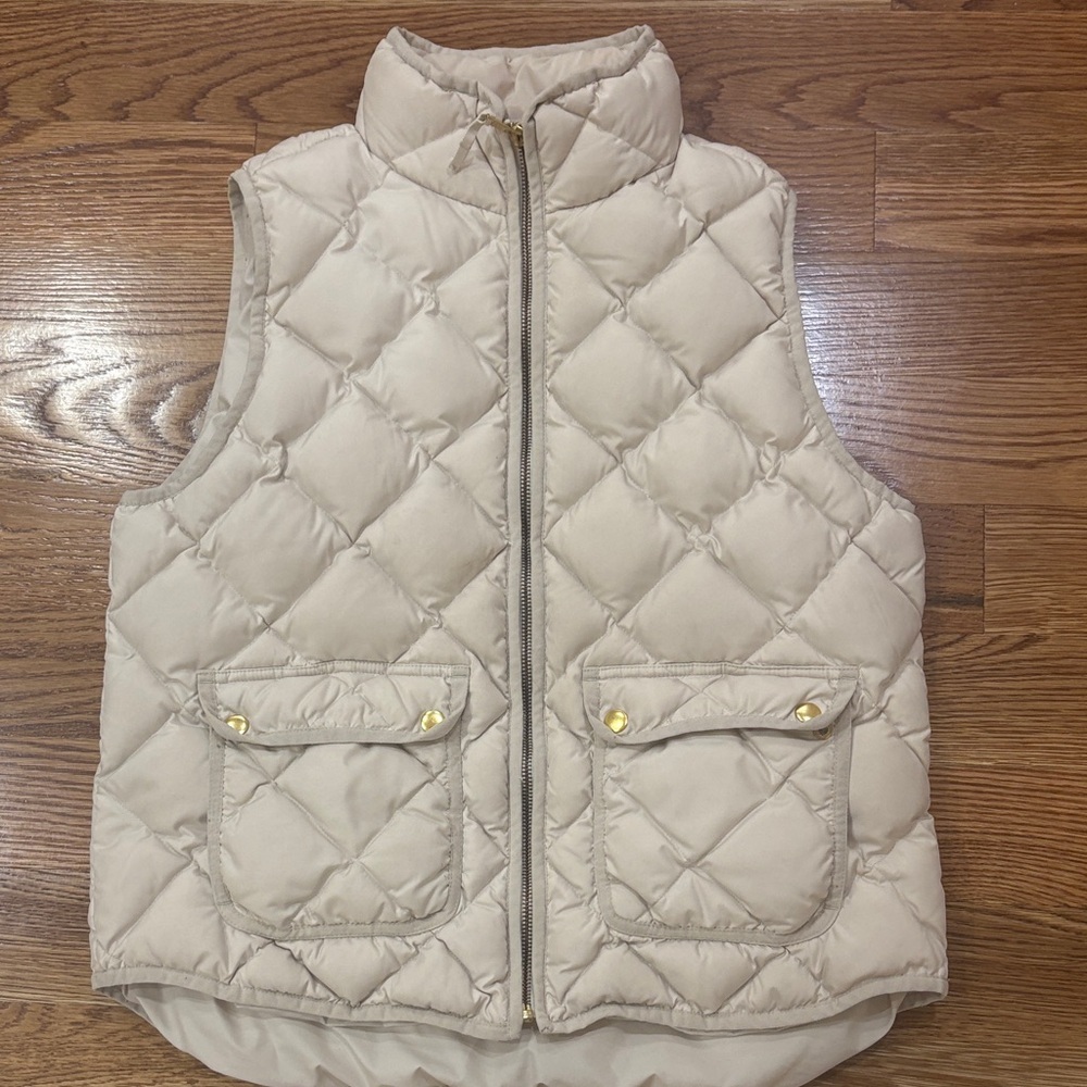 J. Crew cream down fill Quilted Vest double sided pockets warm outdoors L